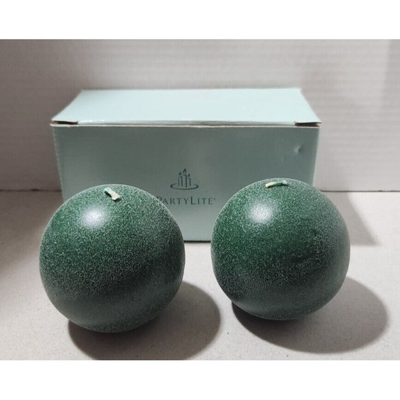 Partylite Frosted Ball Green Candles 3" Pineberry Set Of 2 NIB‎ - Picture 1 of 4